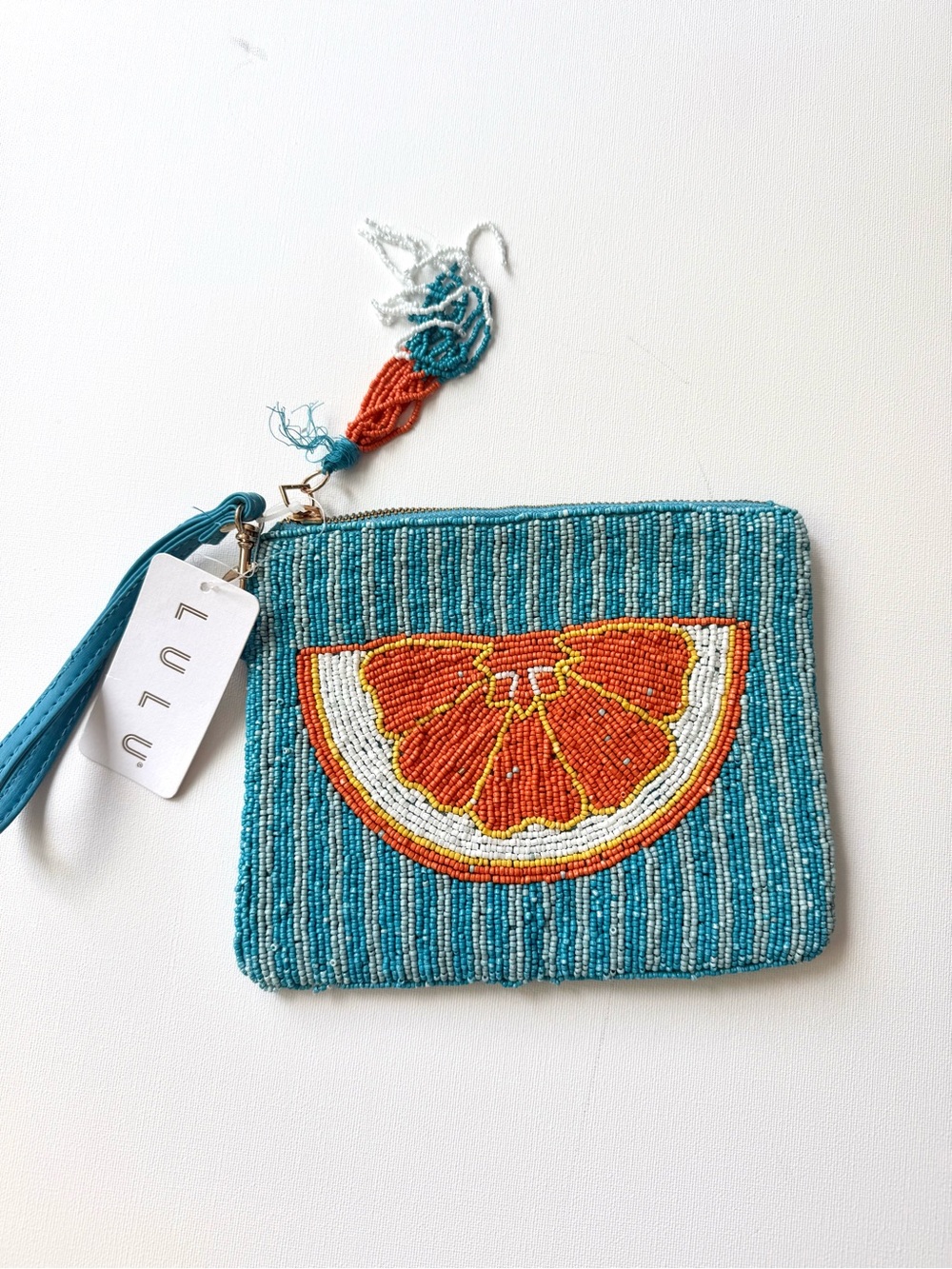 Lulu Teal Beaded Wristlet with Orange Slice Motif